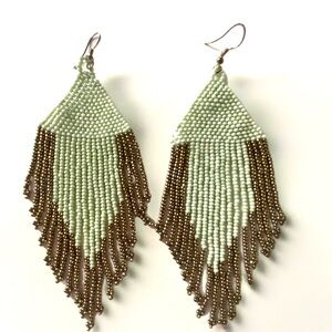 Sage and Bronze Beaded Fringe Earrings
